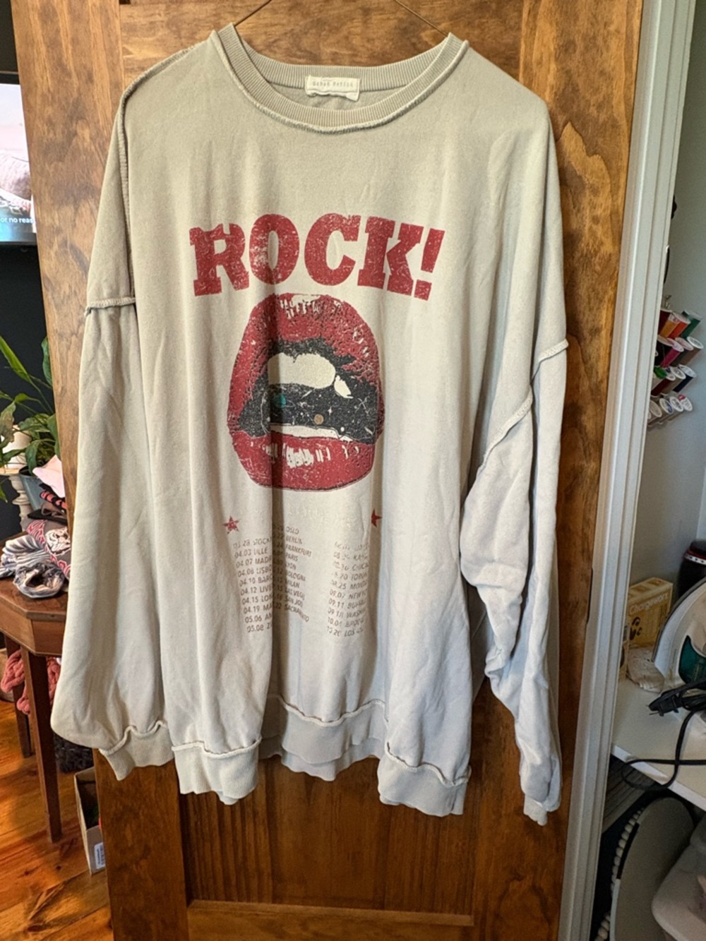 Rock Graphic Pullover Sweatshirt in Faded Gray with Red Print